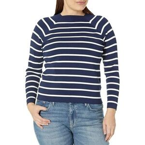NWOT Women‎ Lauren Ralph Lauren Navy Striped Mock Neck Sweater Large Stretch